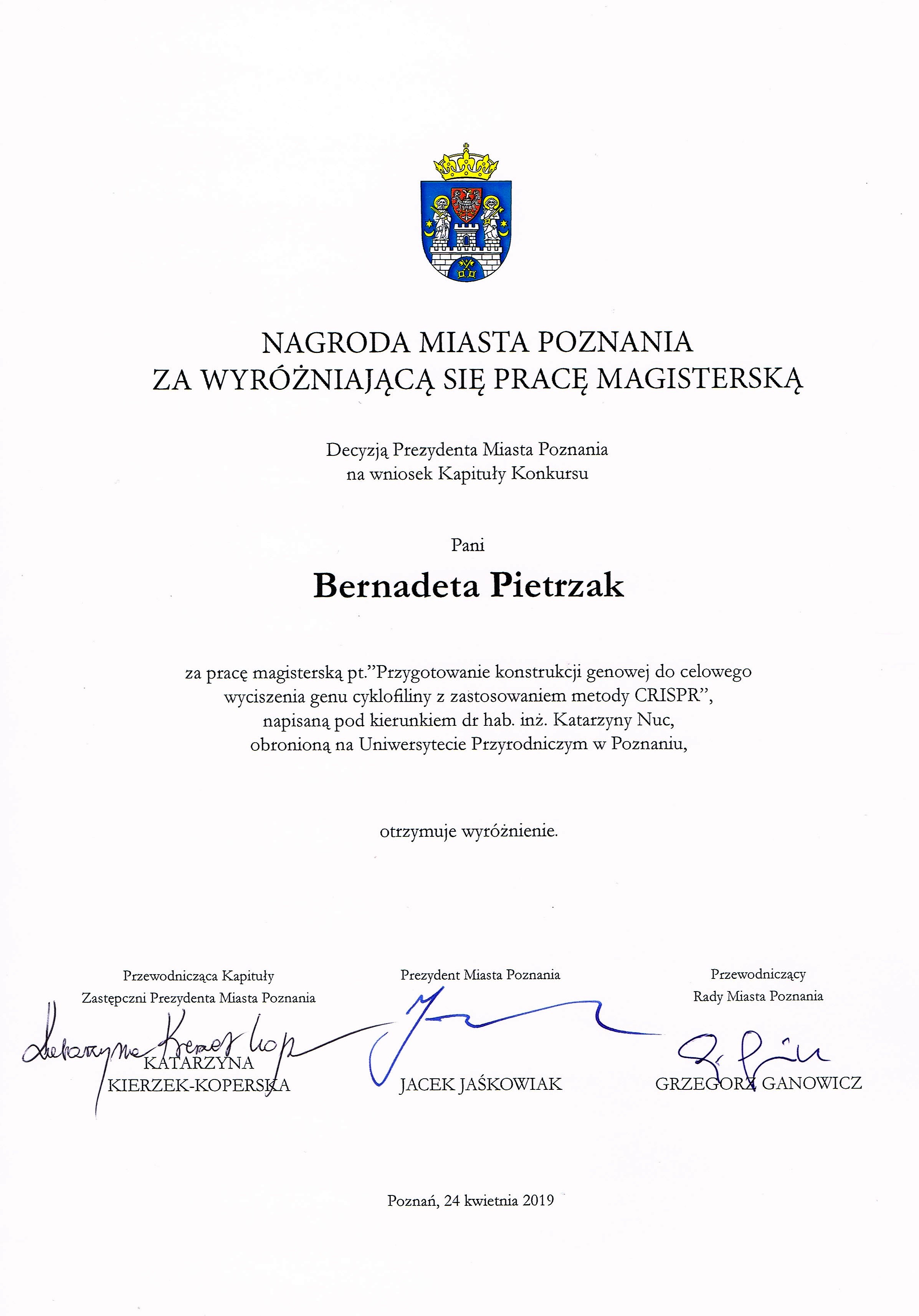 Wyróżnienie Miasta Poznania - praca magisterska